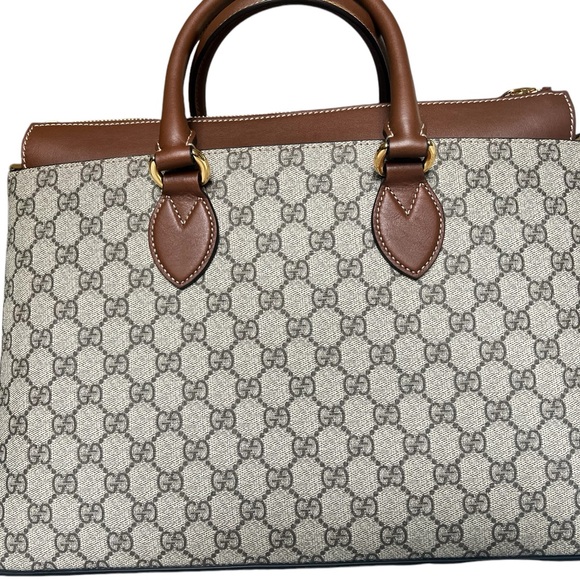 NWT Gucci Supreme Beige Brown GG Zip Top With Strap Tote Bag - Picture 3 of 8